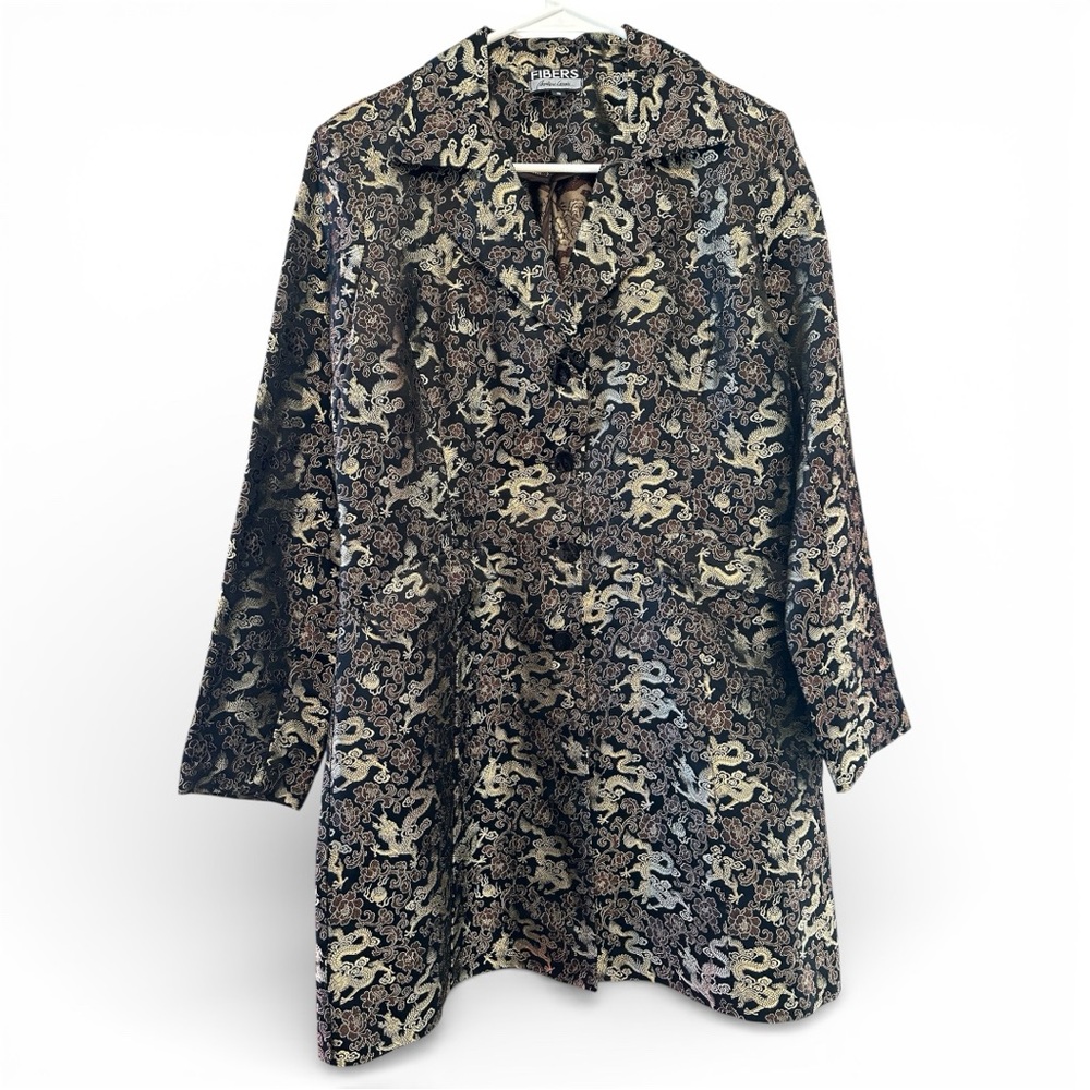 Vintage Y2K Era Fibers Black and Gold Asian Style Dragon Pattern Coat Size S